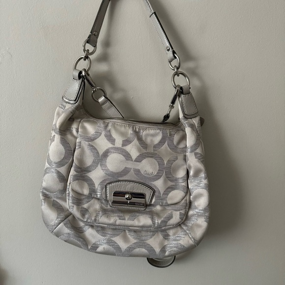 Coach Kristin  Sequin Op Art Hobo Shoulder Canvas Bag Silver Grey - Picture 2 of 9